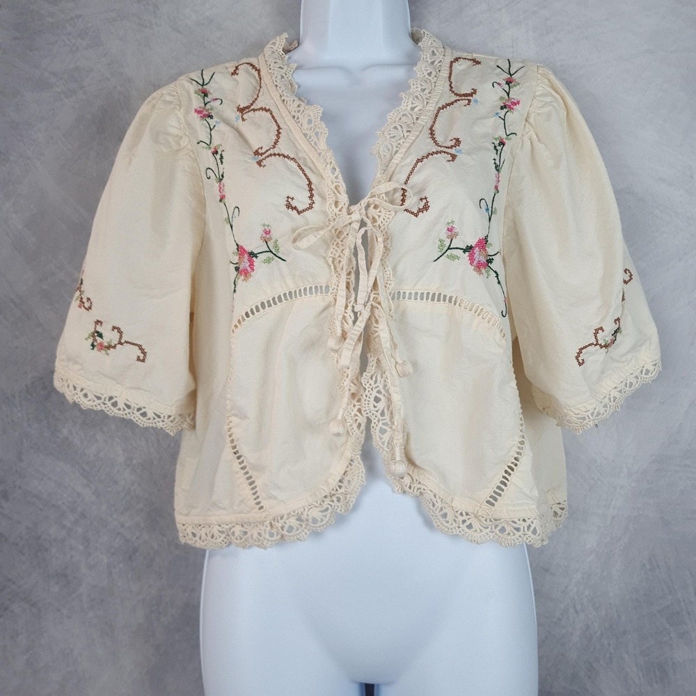 Jennifer & Grace Kimono Blouse Womens Large White Embroidered Lace Crochet Boho